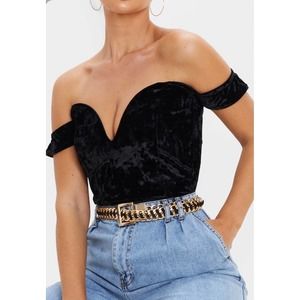 PrettyLittleThing Black Velvet Bardot Bodysuit
